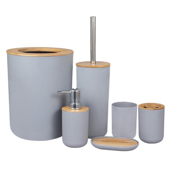 Trendy Bathroom Accessories Set Dispenser Toothbrush Tumbler Soap Dish Trash Bin, And Bamboo Gray