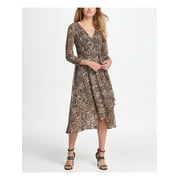 DKNY Womens Brown Animal Print 3/4 Sleeve V Neck Tea-Length Dress Size: 4