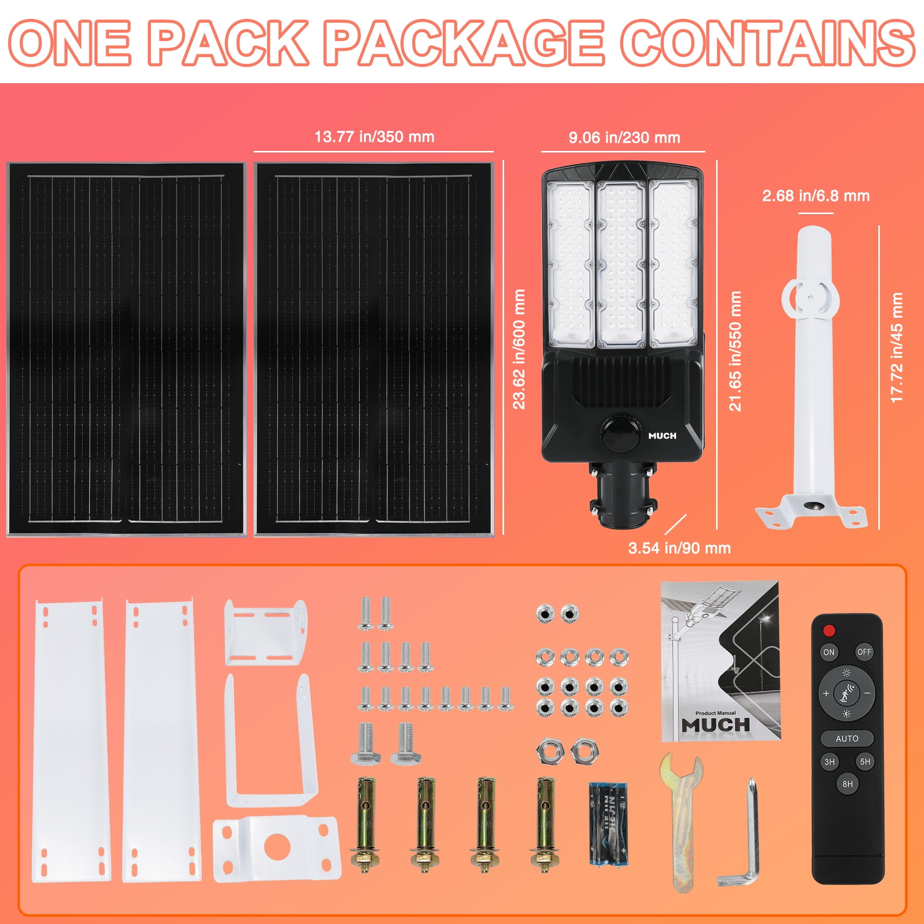 MUCH 16000W Solar Street Light, Commercial Grade Solar Street Lights, 50000mAh Outdoor, Dusk to Dawn, IP67 with Motion Sensor & Remote Control, Solar Flood Light for Parking Lot, Yard, Country, Road