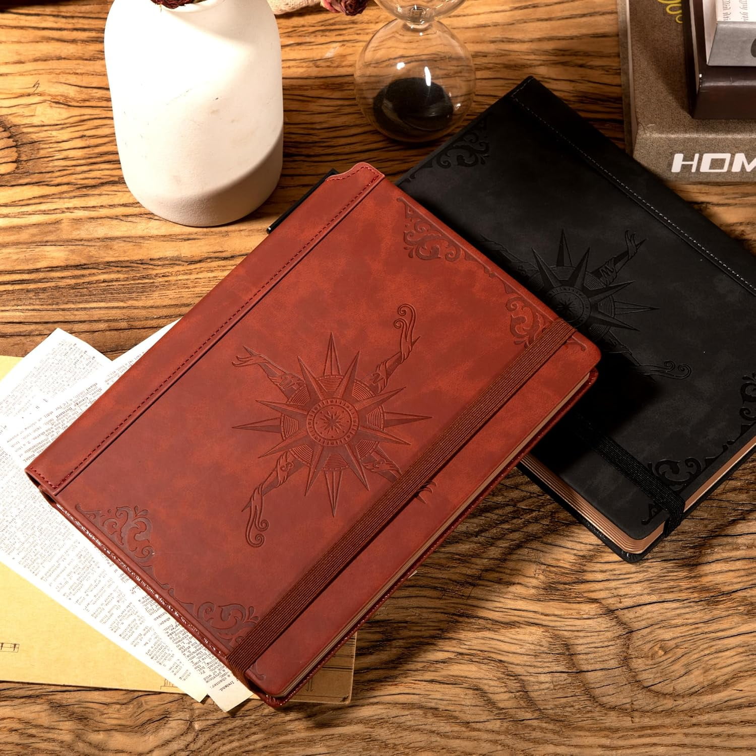 Compass Leather Notebook Journal for Men, 100 GSM 288 Pages Lined Journals for Writing, A5 Hardcover Journaling Notebooks Gift Set with Pen for Travel Office Daily Writing