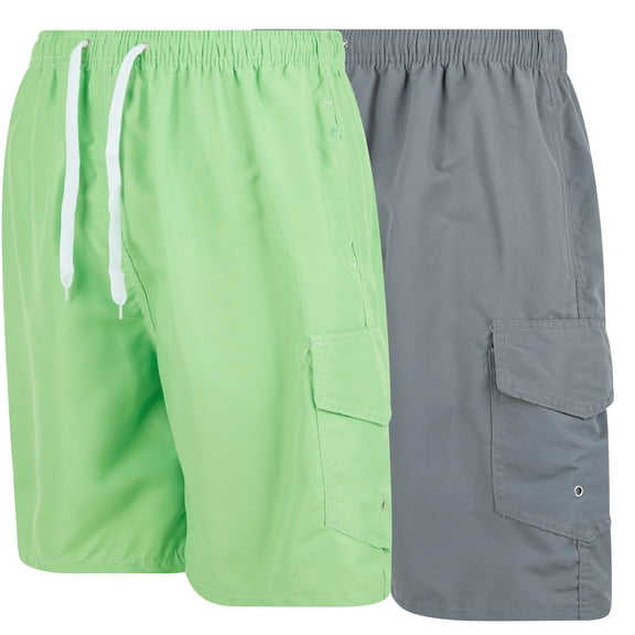Men's Quick Dry Cargo Swim Trunks, Board Shorts with Mesh Lining, Lime/Gray, Large
