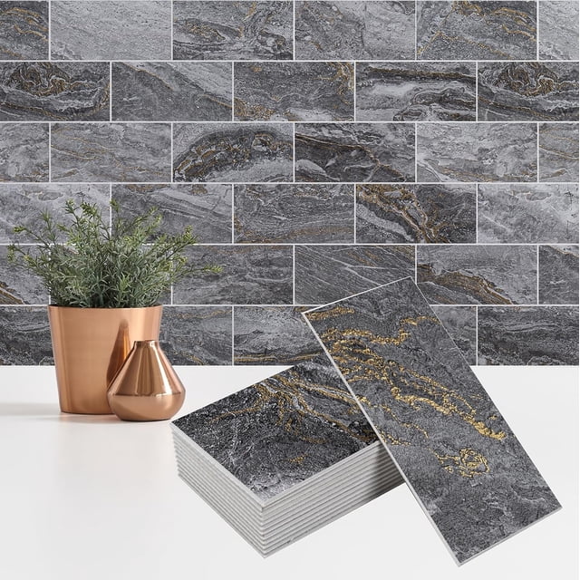 StyloVue 4 Pieces Peel and Stick Backsplash for Kitchen, 3" x 6" PVC Subway Tile 2025 Upgraded Gray-Gold Stone Backsplash Stick on Tile Elevate Kitchen Fireplace RV