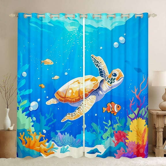 Erosebridal Cartoon Sea Turtle Curtains for Living Room,Ocean Animal 30%-50% Blackout Curtains Set of 2 (38x45),Curtains Pack of 2 (38x45),Marine Room Decorative