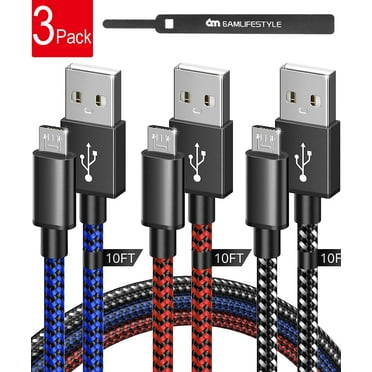 [3 Pack 10FT] PS4 Controller Charger Charging Cable Nylon Braided Micro USB High Speed Data Sync Cord Compatible with Playstation 4, PS4, Xbox One S/X Controller, Android Phones (Black&Blue&
