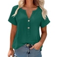 thumbnail image 2 of Uootdi Short Sleeve Tops for Women V Neck Button Placket Crinkled Fabric Blouses Casual Daily Comfortable Tunics Gift, 2 of 7