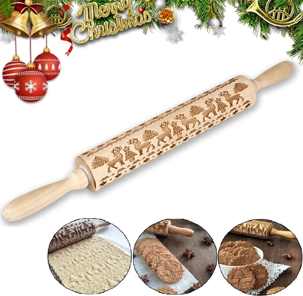 1 Pack Christmas Embossed Wooden Rolling Pins,Engraved Embossing
