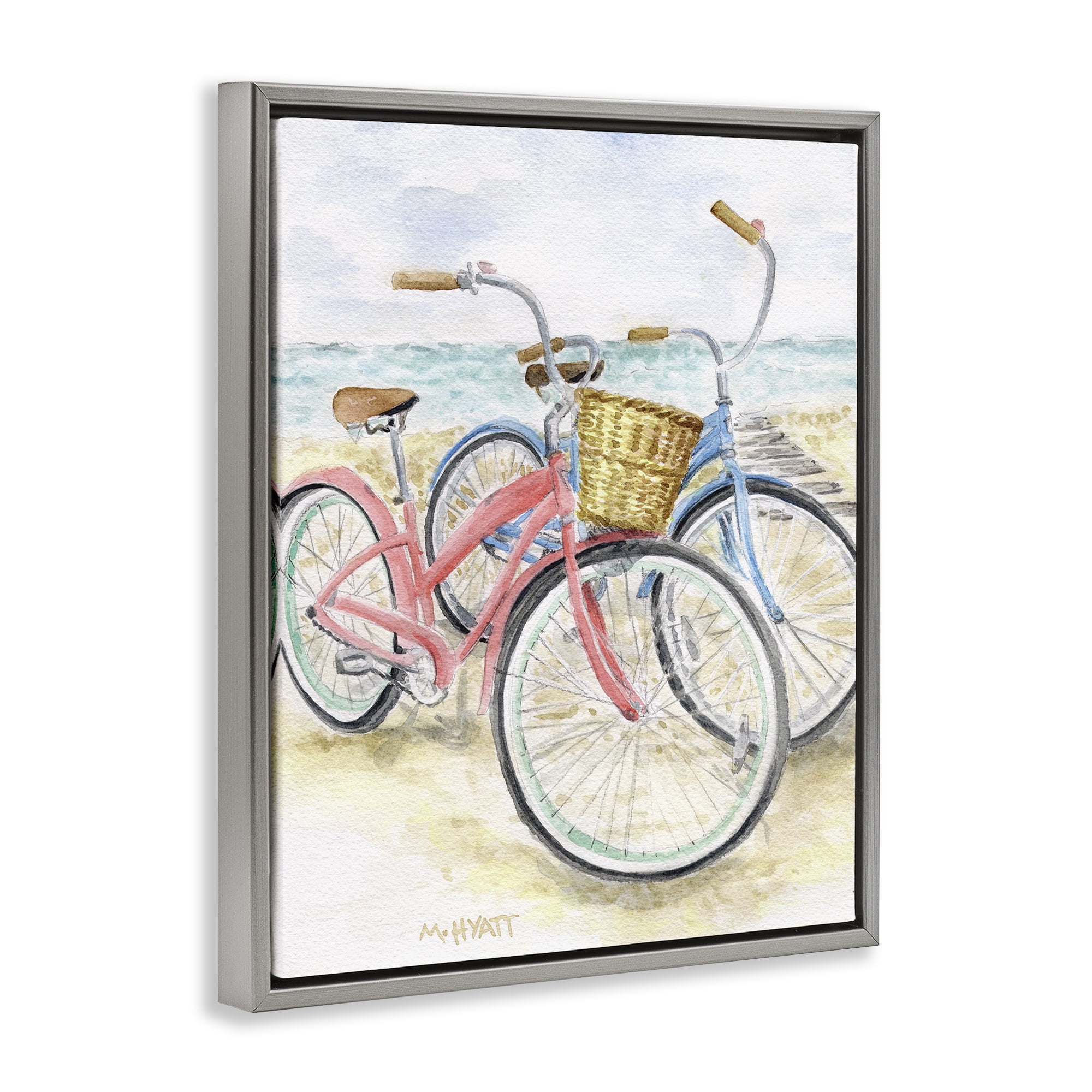 Stupell Industries Beach Bikes Parked Transportation Painting Gray Floater Framed Canvas Art Print Wall Art, 25 x 31