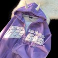 thumbnail image 2 of Cárdigan vintage con cuerno de diablo para hombre y mujer, sudadera con capucha y cremallera de moda urbana de retazos, sudadera informal holgada Y2k para parejas 2023, 2 of 5