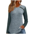 thumbnail image 3 of Loopsun Womens Winter Tops, Long Sleeve T Shirts for Women, Women's Fashion Solid Color Block Round Neck Long Sleeve T-shirt Button Pullover Top Navy, S, 3 of 4