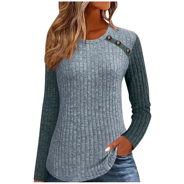 Yuyuzo Chemises à Manches Longues pour Femmes Ajustées Tricot Côtelé Bloc de Couleur Blouses Confortables Col Rond Tunique Décontractée Automne
