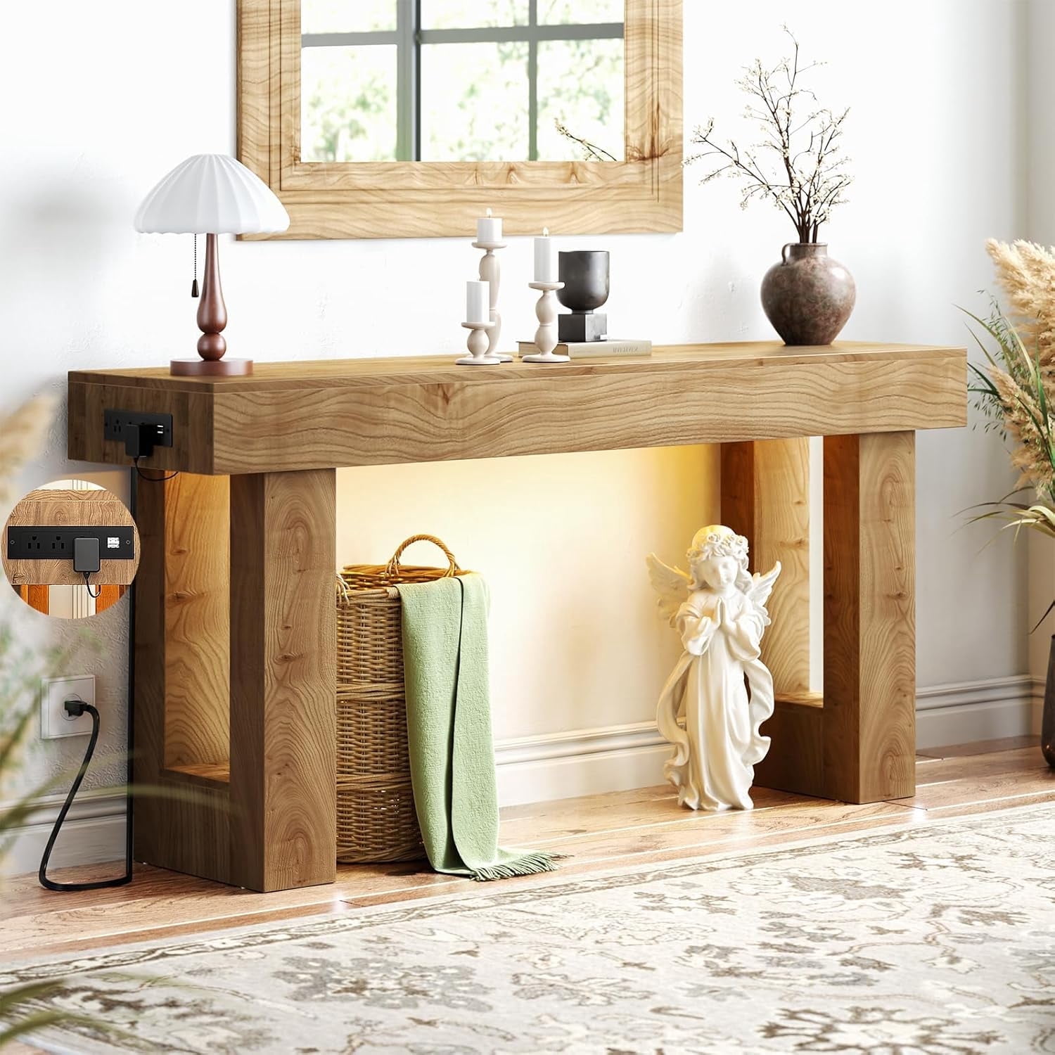 iSunirm 63" Farmhouse Console Table with Power Outlets and Sensor Light, Wooden Narrow Entryway Table with Storage for Entrance, Hallway, Living Room