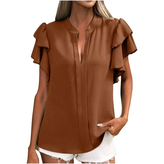 Aofany Women's Casual V Neck Blouse Tops Summer Sexy Ruffle Short Sleeve Tops Regular Commuter T Shirt
