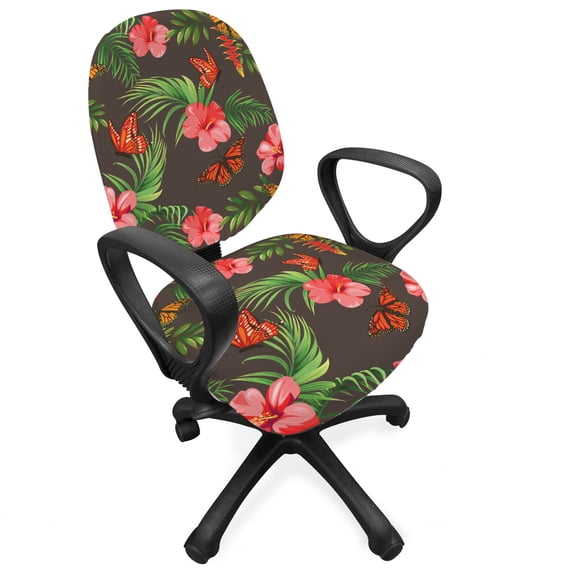 Tropical Office Chair Slipcover, Exotic Butterflies Flourishes on a Dark Taupe Background, Protective Stretch Decorative Fabric Cover, Standard Size, Pale Orange Coral, by Ambesonne
