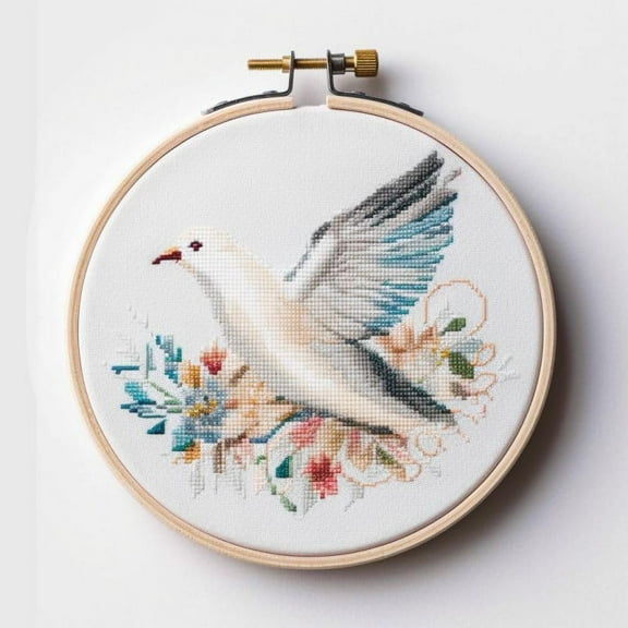 Generic Counted Easy Cross Stitch Kits Pigeon & Flowers Color Stamped Embroidery for Starter Kits DIY 11CT Stamped Patterns Embroidery Needlework Kit Supplies 12 Inch Hoop Included(255-E)