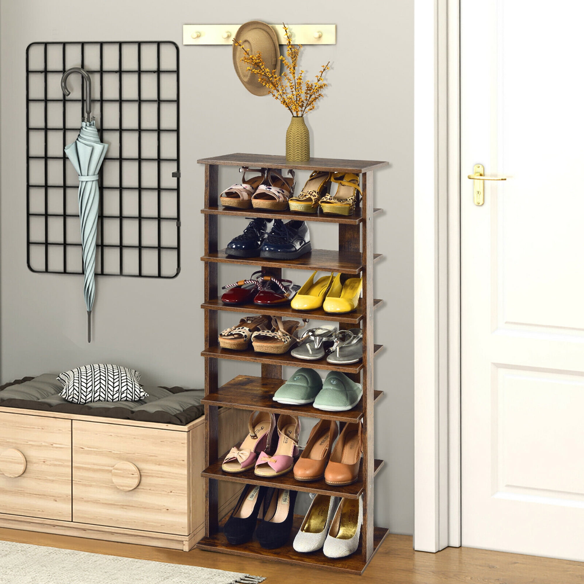 Gymax 7-Tier Free Standing Shoe Rack, Wood, Rustic Brown