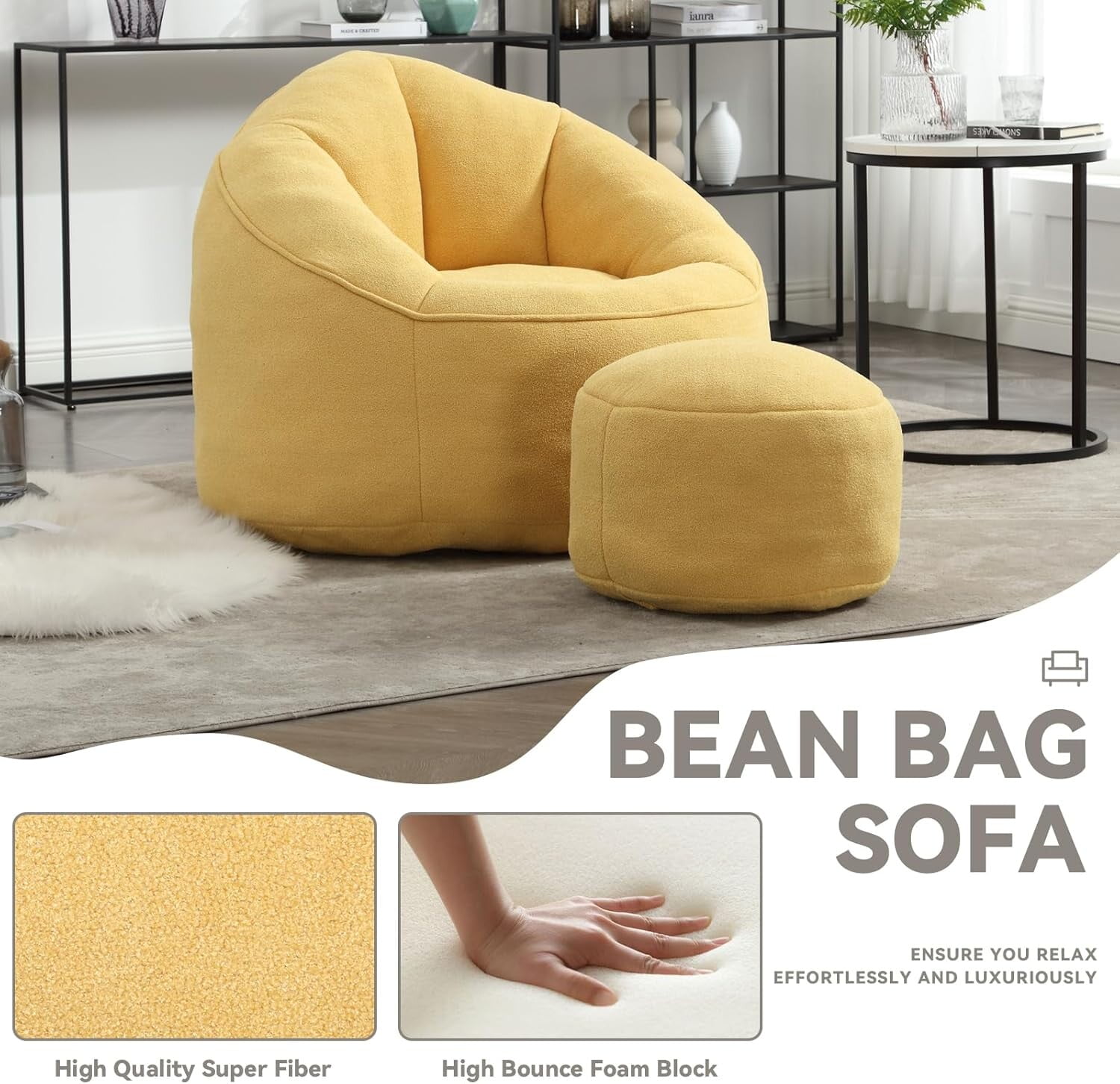 Bean Bag Chair for Adult,Microfiber Upholstered Sofa with Footstool Shell-Shaped Memory Foam Stuffed Lazy Sofa