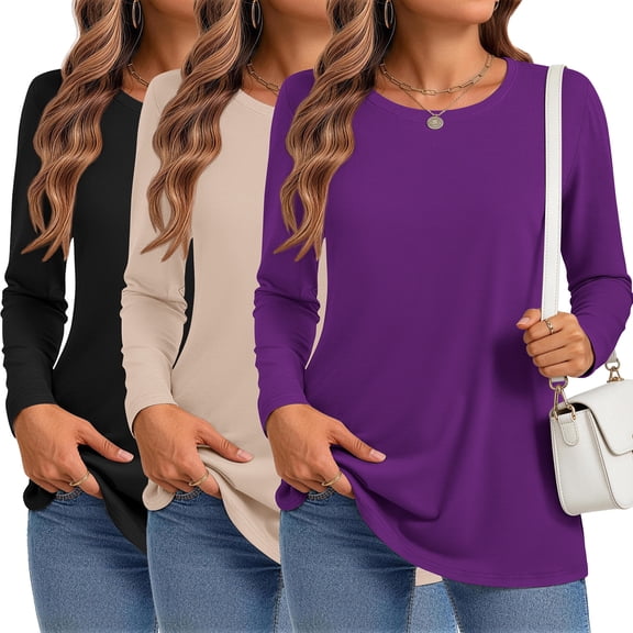 MOSHU 3 Pack T Shirts for Women Crew Neck Long Sleeve Womens shirts Casual Loose Fit Fall Tops