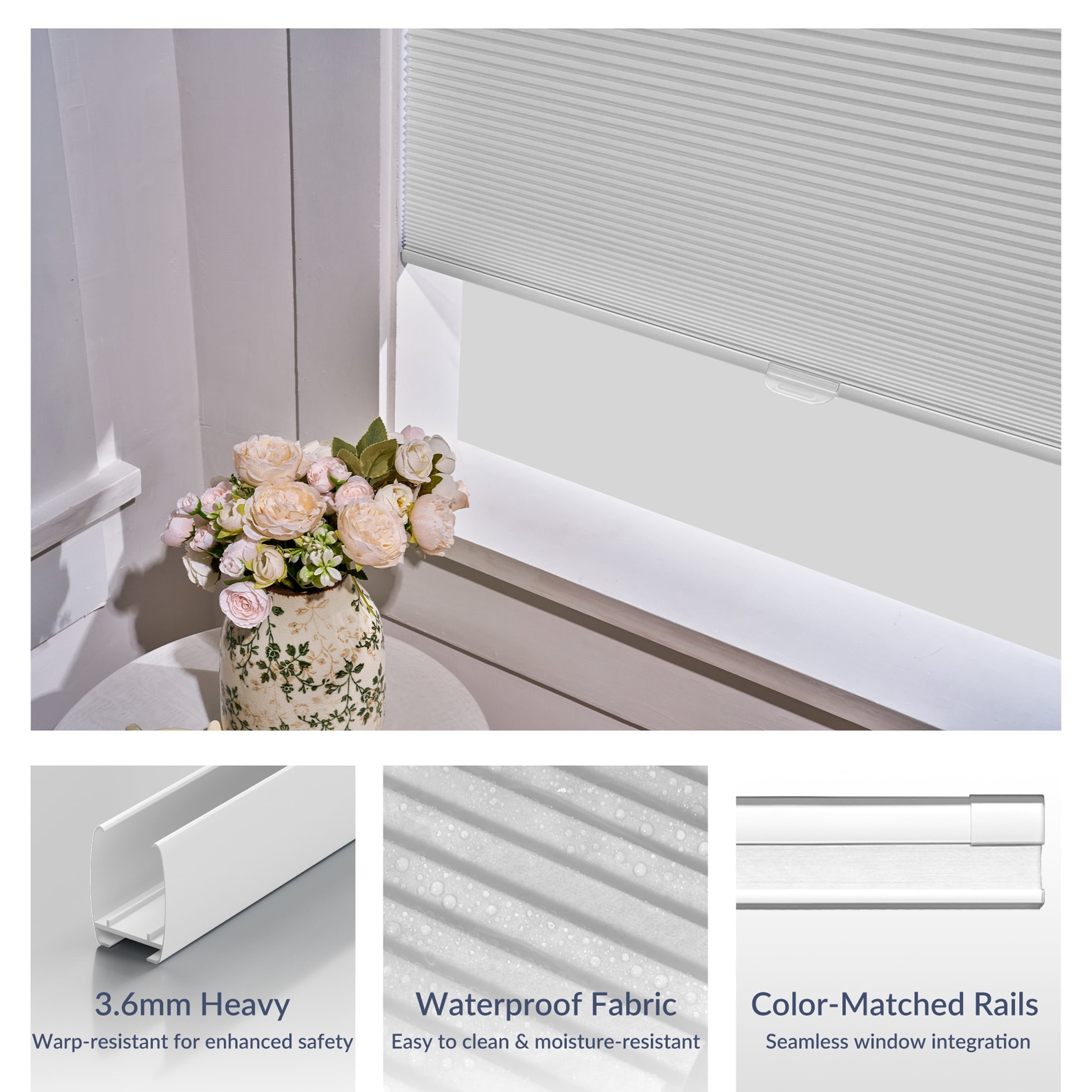 ZimJAHO No Drill No Tools Cellular ShadesBlackout Color-Matched Honeycomb Blinds Easy to Install Cordless Cellular Blinds for Windows, Light Filtering-White, 61"W x 48"H