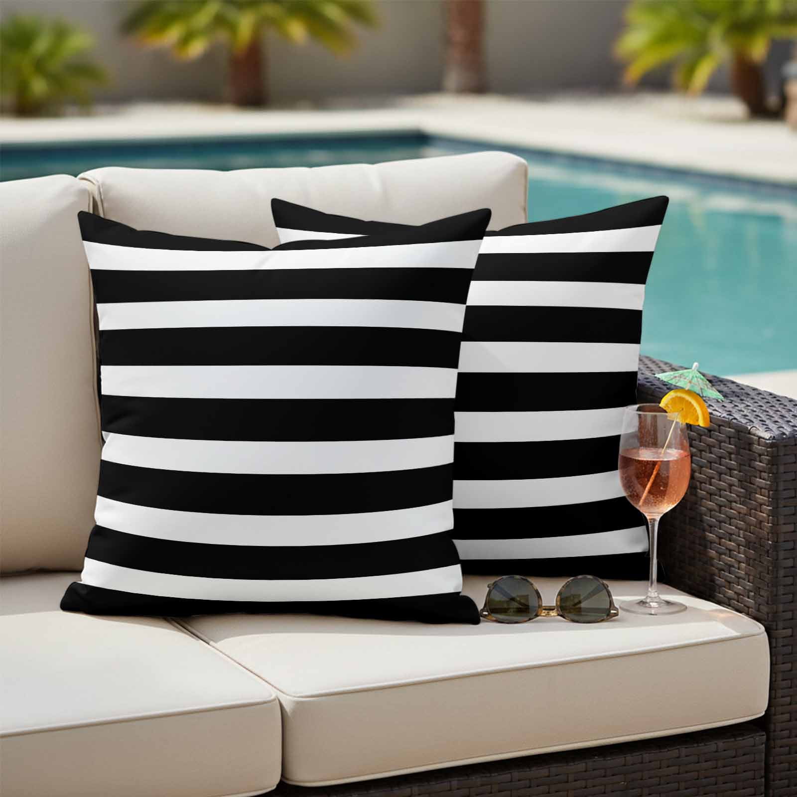 Black Striped Outdoor Waterproof Pillow Covers, Modern Simple Monochrome Geometric White Decorative Square Throw Pillowcase Sofa Cushion Sham for Patio/Couch/Chair, 16"x16" 2 Pack
