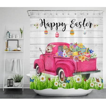 HVEST Happy Easter Shower Curtain for Bathroom,Easter Egg and Rabbit on Truck Decor Accessories Bath Curtain,Farmhouse Rustic Plank Polyester Waterproof Fabric Shower Curtain with Hooks,72 x78 Inches