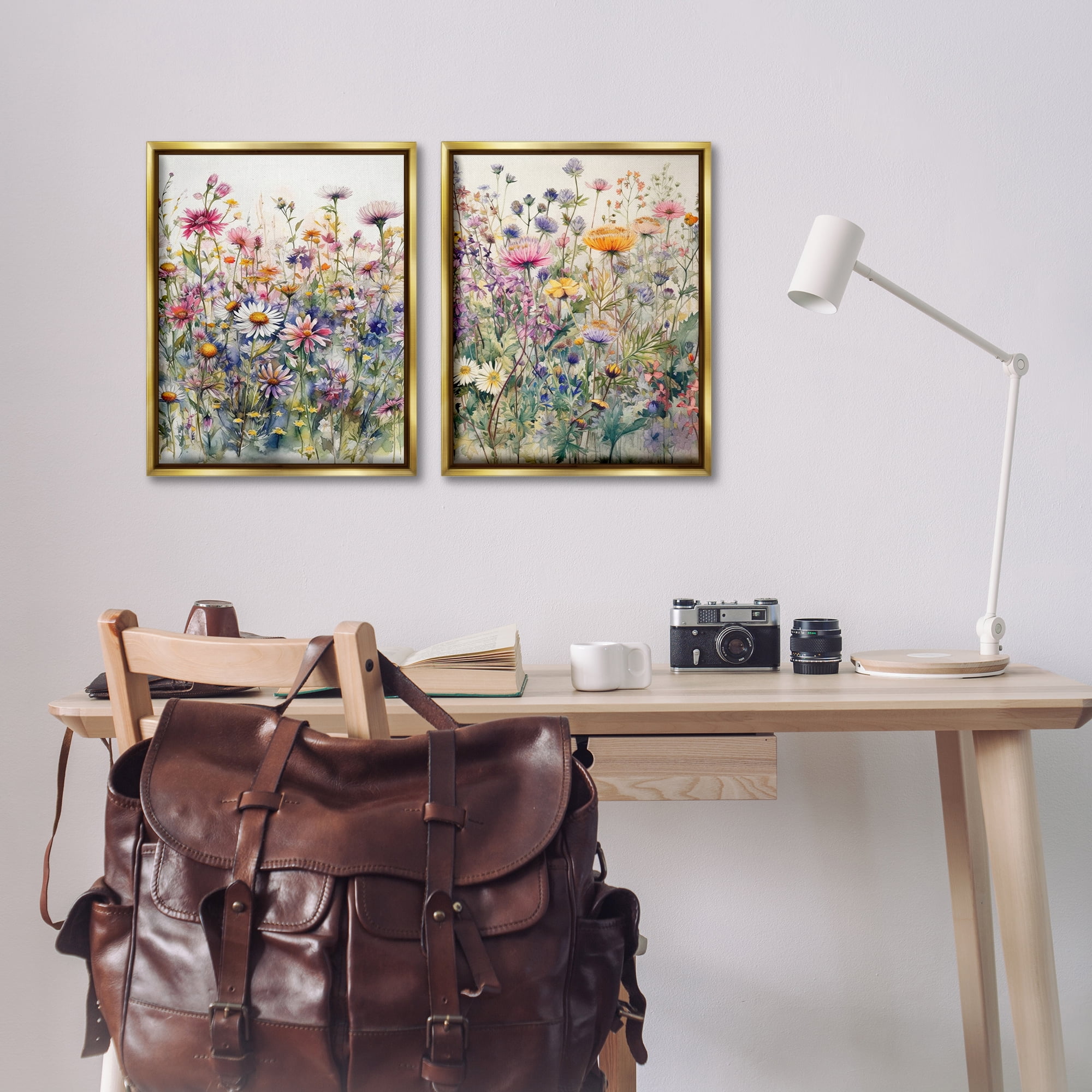 Stupell Industries Watercolor Daisy & Aster Field Plants & Flowers Painting Gold Floater Framed Canvas Art Print Wall Art, 17 x 21, Set of 2