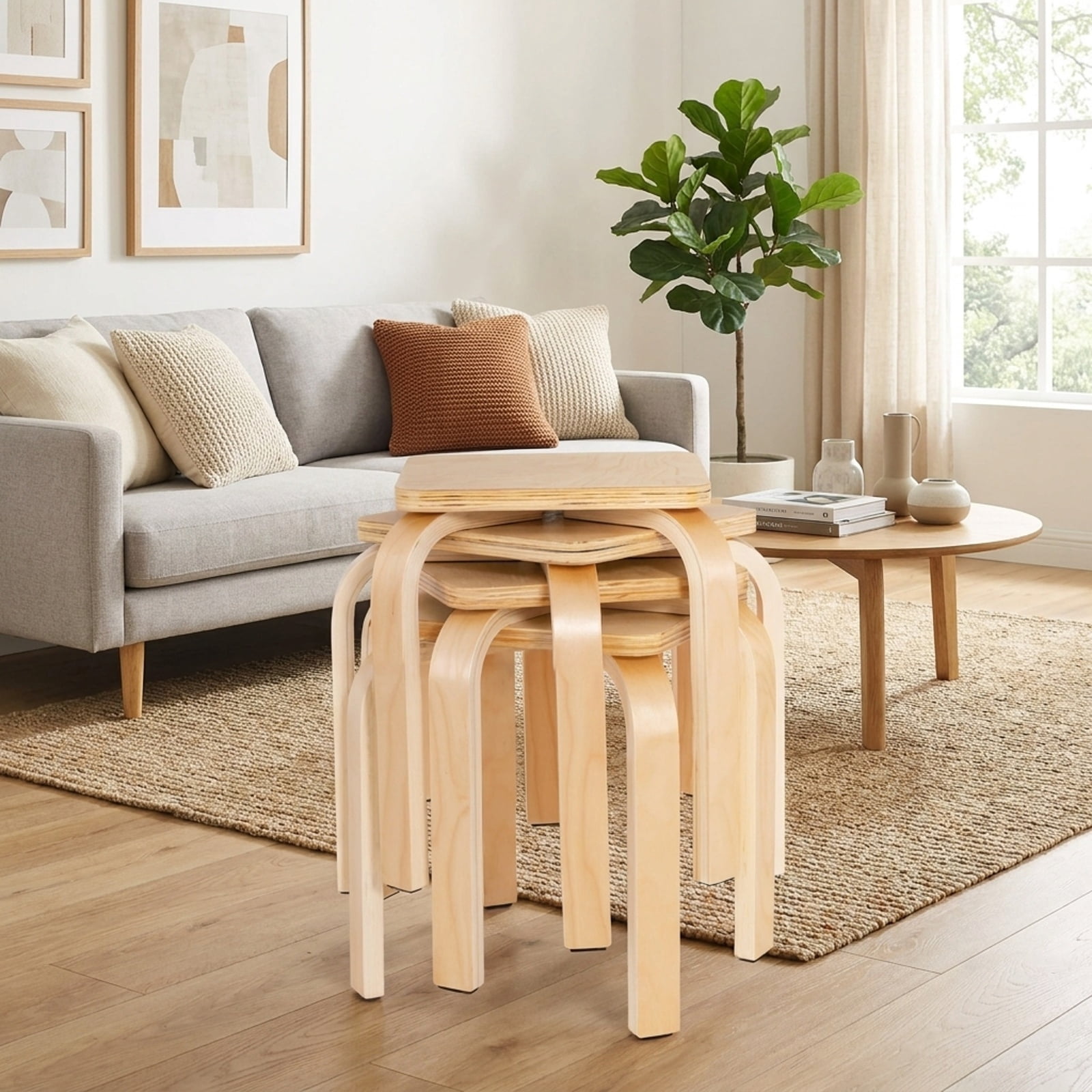 Furnibear Stackable Wood Stools Set of 4 with Square Top and Rounded Corners in Natural