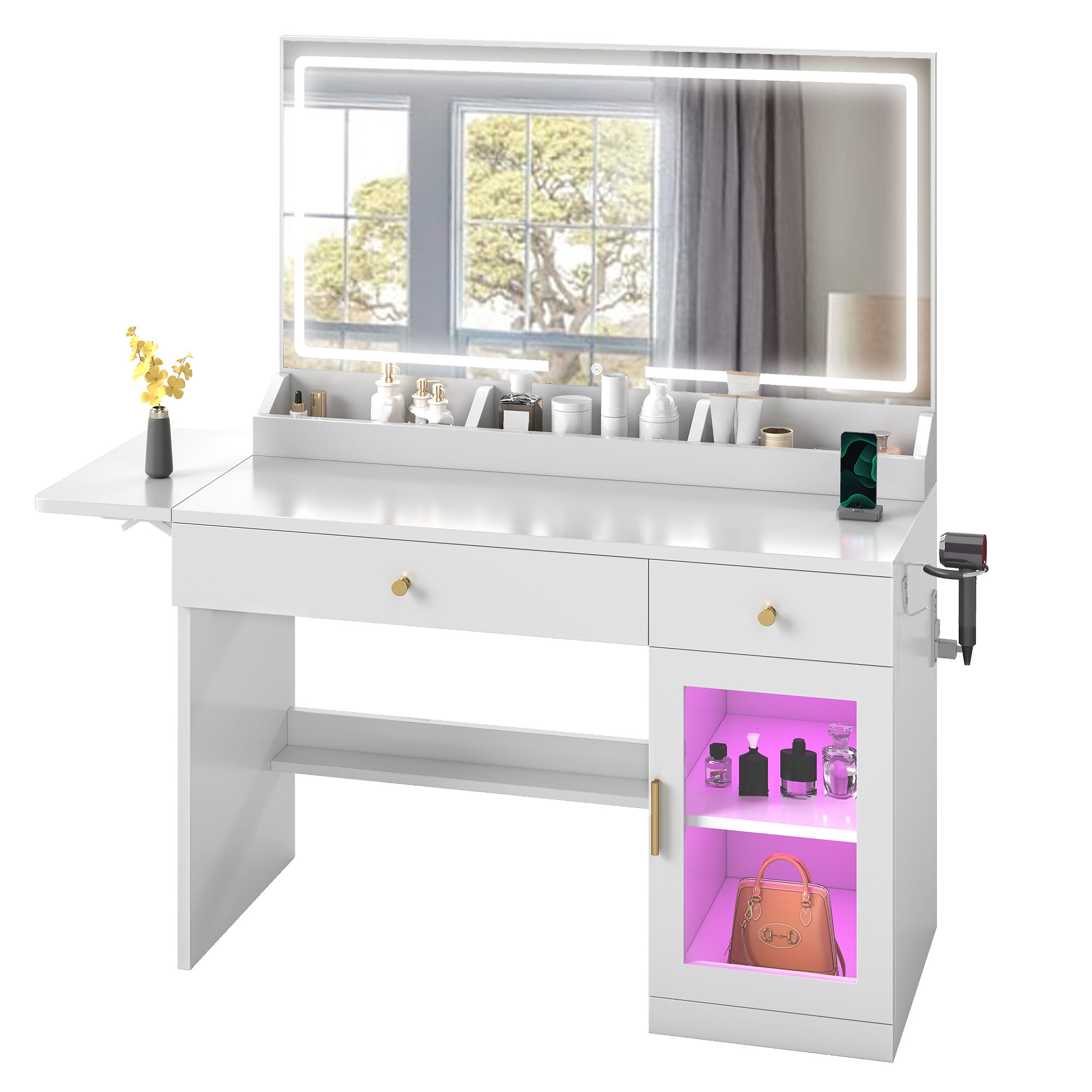 Uforic White Vanity Desk with LED Light Mirror & Power Outlet , Makeup Vanity with Extral Foldable Panel, Vanity Table with RGB Cabinet for Bedroom