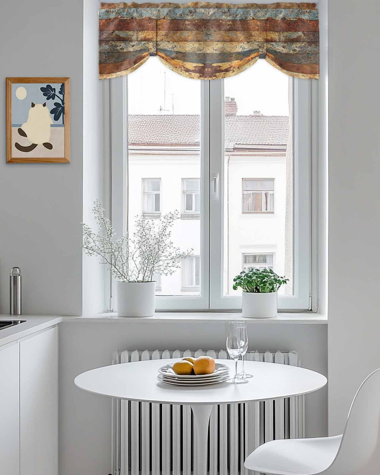 Vintage Striped Tie Up Valances Curtain, Rust Mottled Texture Distressed Kitchen Valances for Windows Decor, Rod Pocket Short Curtains Set for Bedroom/Bathroom, 54"x18"