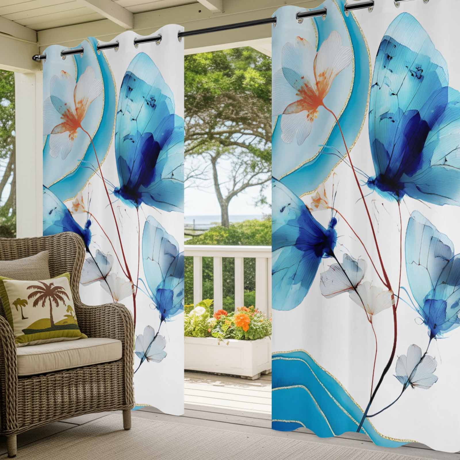 Blue Butterfly Outdoor Curtains for Patio, Watercolor White Flowers Ocean Wave Modern Sunshade Privacy Drapes Grommet Waterproof Outside Curtains for Porch/Cabana/Balcony 54"x 108", 1 Panel