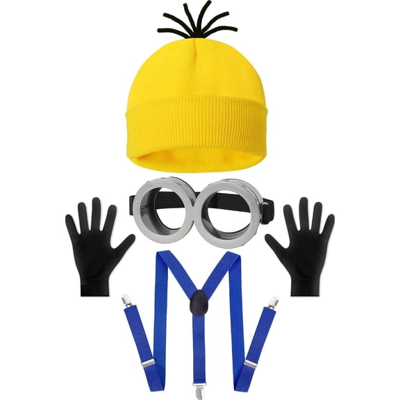 4-Pack Adult Halloween Costume Accessories, Yellow Beanie Suspenders Goggles Gloves Cosplay Party Set