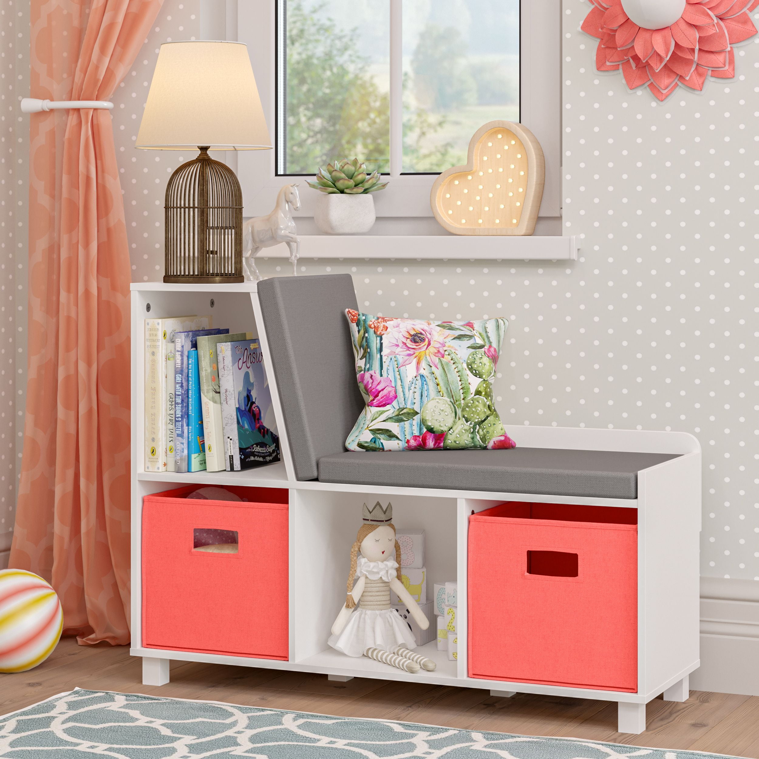 Riverridge Book Nook Collection Kids Storage Bench With Cubbies With 2pc Bin Coral Walmart Com Walmart Com