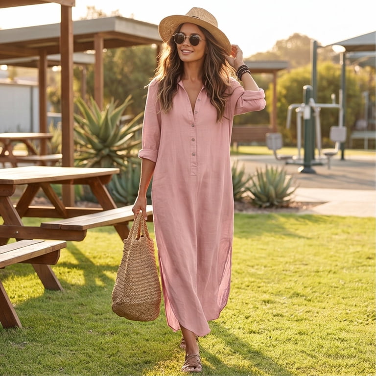 Womens Summer Cotton Flowy Maxi Dress 3/4 Sleeve V Neck Empire Waist Boho Collared Casual Loose Long Dresses