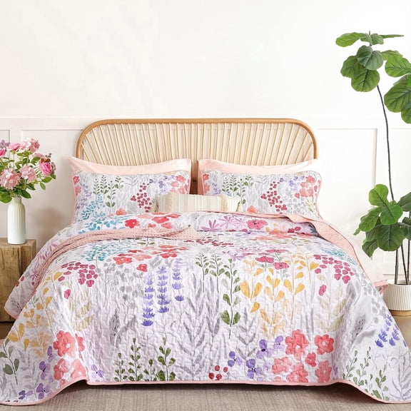 Dintszyayue Pink Floral Quilt Sets Queen Size 3Pcs Bedspreads Soft Cozy Coverlt Flower Bed All Season Adult(90"x96")