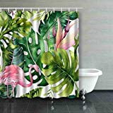 Exotic Shower Curtains ARTJIA Tropical Isolated Flamingo Watercolor Tropic Drawing Rose Bird Greenery Palm Tree Tropic Green Texture Exotic Shower Curtain Polyester Bathroom Curtain 60x72 inches ()