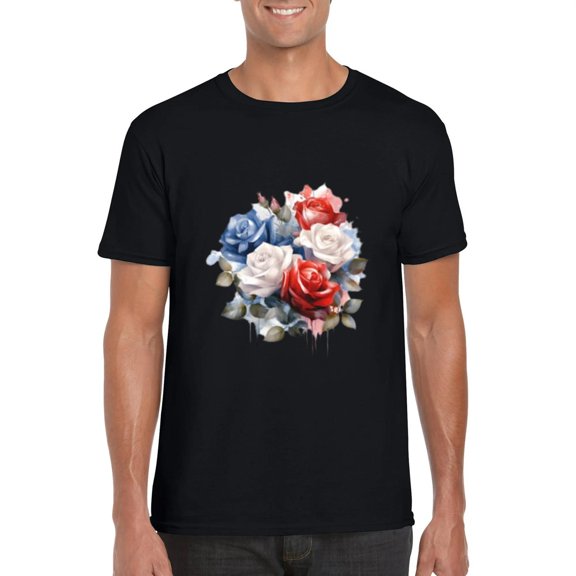 Red White Blue Roses Floral USA Patriotic Flower Garden T-Shirt, for men & women, up to size 5XL
