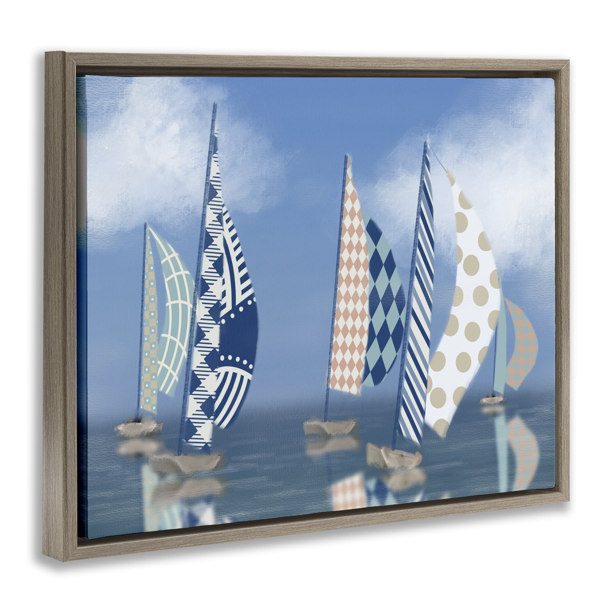Stupell Industries Patchwork Coastal Sailboats Transportation Painting Brown Floater Framed Canvas Art Print Wall Art, 31 x 25