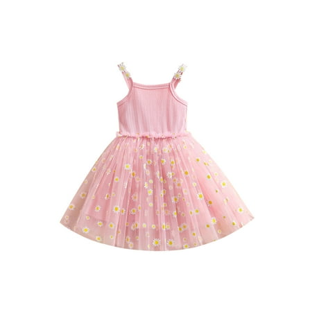 

Sunisery Kids Little Girls Sweet Dress Suspender Ribbed Patchwork Daisy Flower Mesh Skirt Sleeveless Dress Pink 2-3 Years
