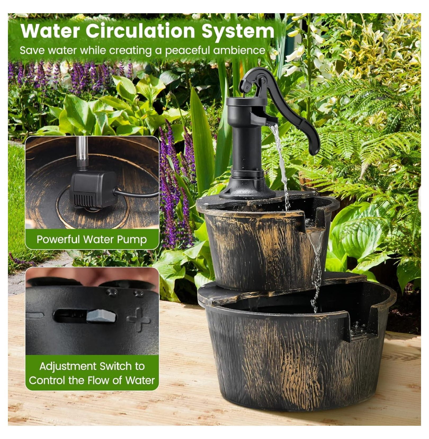 Water Fountain Outdoor, 2-Tier Water Feature Decor with Electric Pump, Freestanding Cascading Waterfall Fountain for Garden Patio Backyard Decor or Porch