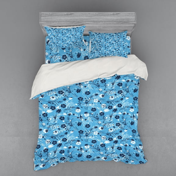 Floral Duvet Cover Set, Swirled Mix Flower Petals Background Shabby Form Style Classical Image, Bedding Set with Shams and Fitted Sheet, 3 Sizes, by Ambesonne