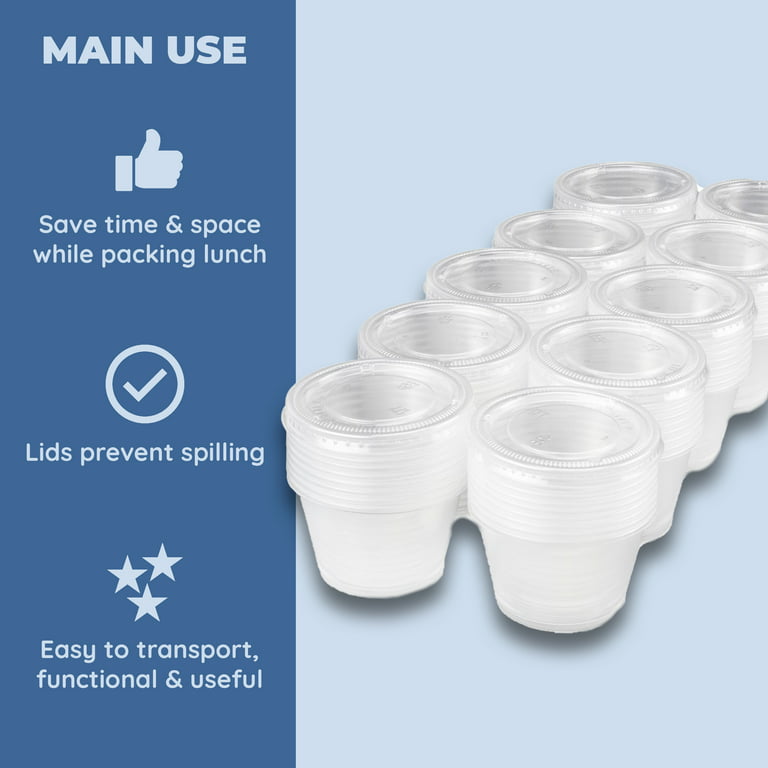 Condiment Cups with Lids, 100 Sets: 2 oz Disposable Small Plastic Containers for Salad Dressings, Sauce and Jello Shots, Clear
