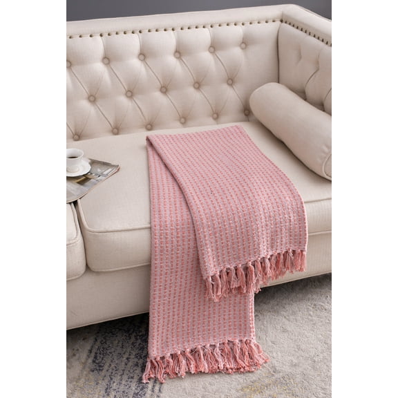 Luxury Pink Chenille Throw Blanket, 50"x60" Tassel Accent Blanket - Breathable Lightweight Throw for Living Room Sofa, Bedroom Bedding, Office Chair Companion - Cottage Core Décor