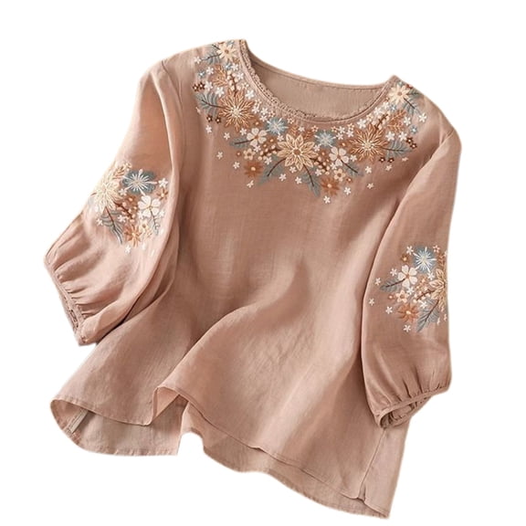 Womens Shirts 2026 Retro Embroidered 3/4 Sleeve Linen Spring Summer Tshirts Shirts for Women Pink L