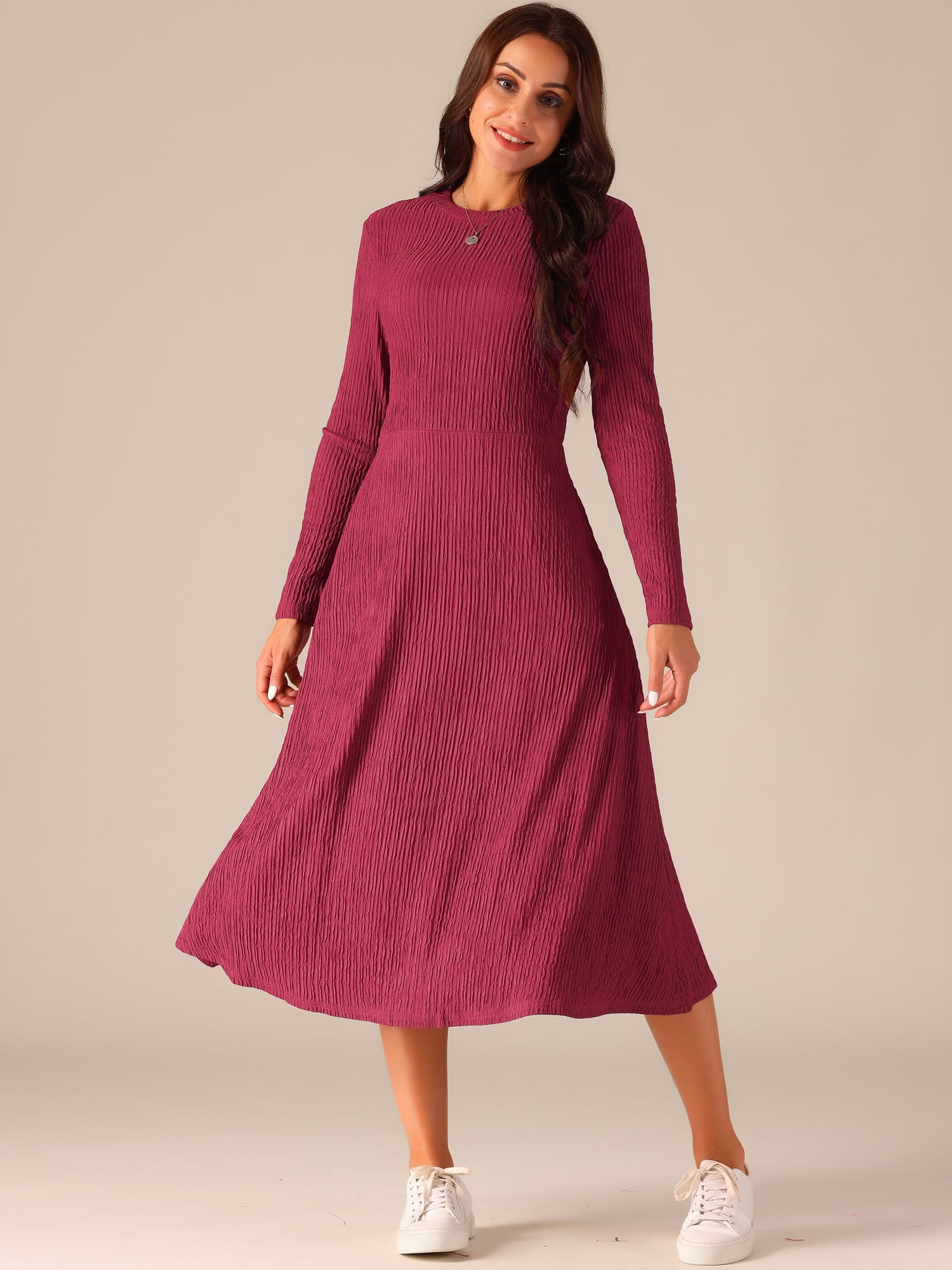 DARING DIVA Long Sleeve Crew Neck Knit A-Line Midi Dress XL Wine Red
