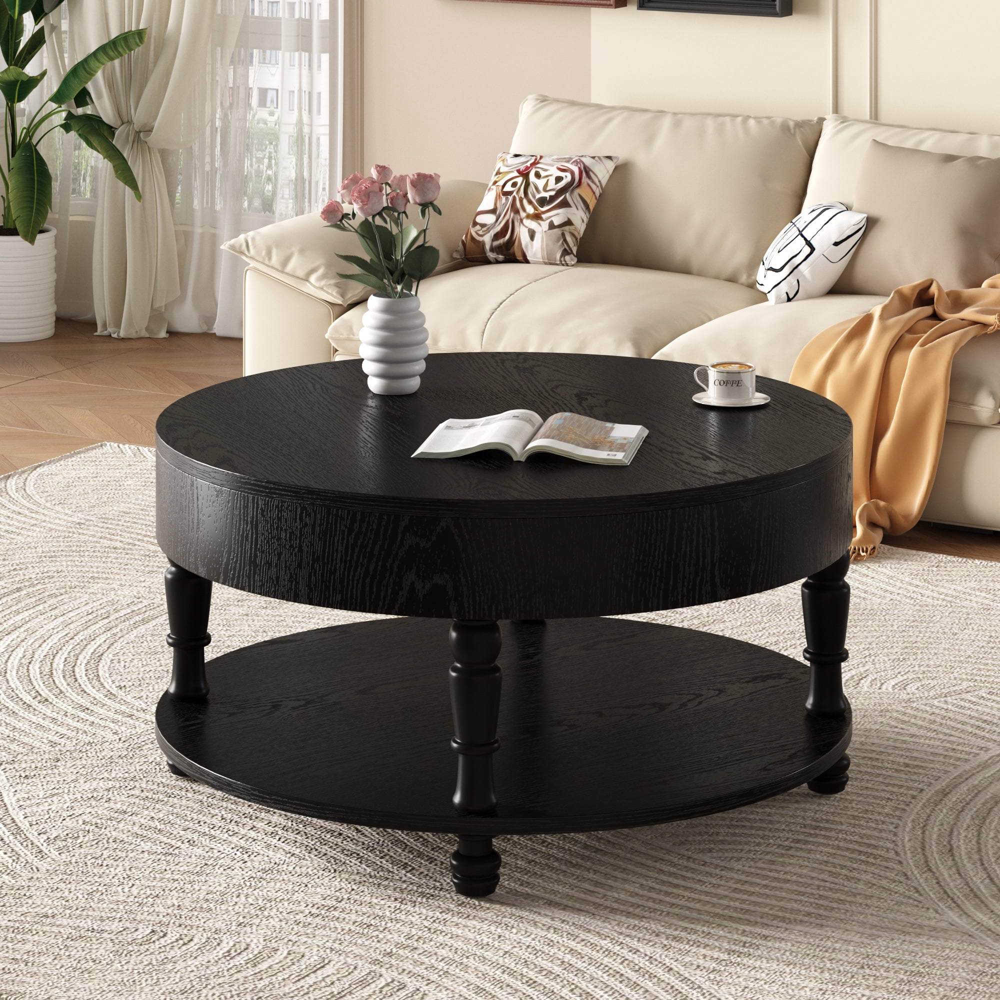31.5" Round Coffee Table with Hidden Storage, Modern Wood Coffee Table with Flip-Top Compartment & Open Shelf, Dual-Tier Center Table for Living Room,Black