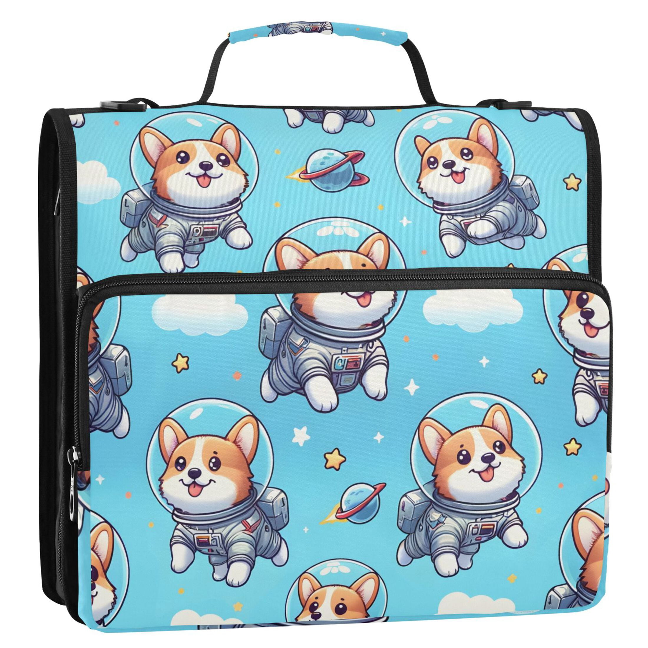 ALAZA Zipper Binder Cartoon Corgi Dogs Space 3 Ring Trapper Keeper File Folder Organizer Bag
