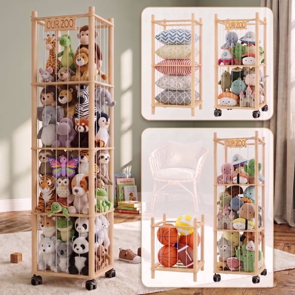 BrooveWave Wooden Stuffed Animal Storage, Adjustable 1–4 Tier Stuffed Animal Organizer with Wheels, Natural PineWood Toy Storage,Plushies Storage for Kidroom,Playroom,Bedrooms & Toddler Room