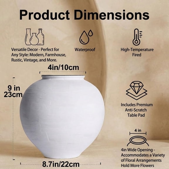 Large White Ceramic Vase - 9 Inch Round Farmhouse Wide Mouth Holds Water, White Vases Ceramic Vases for Home Decor Living Room Table Mantel Shelf Entryway Bathroom