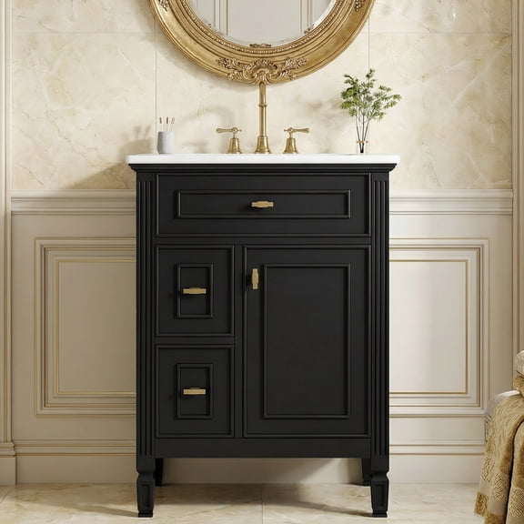 24" Bathroom Vanity with Sink, Freestanding Vanity Cabinet with 1 Flip Drawer, 2 Standard Drawers and Adjustable Shelf, Black