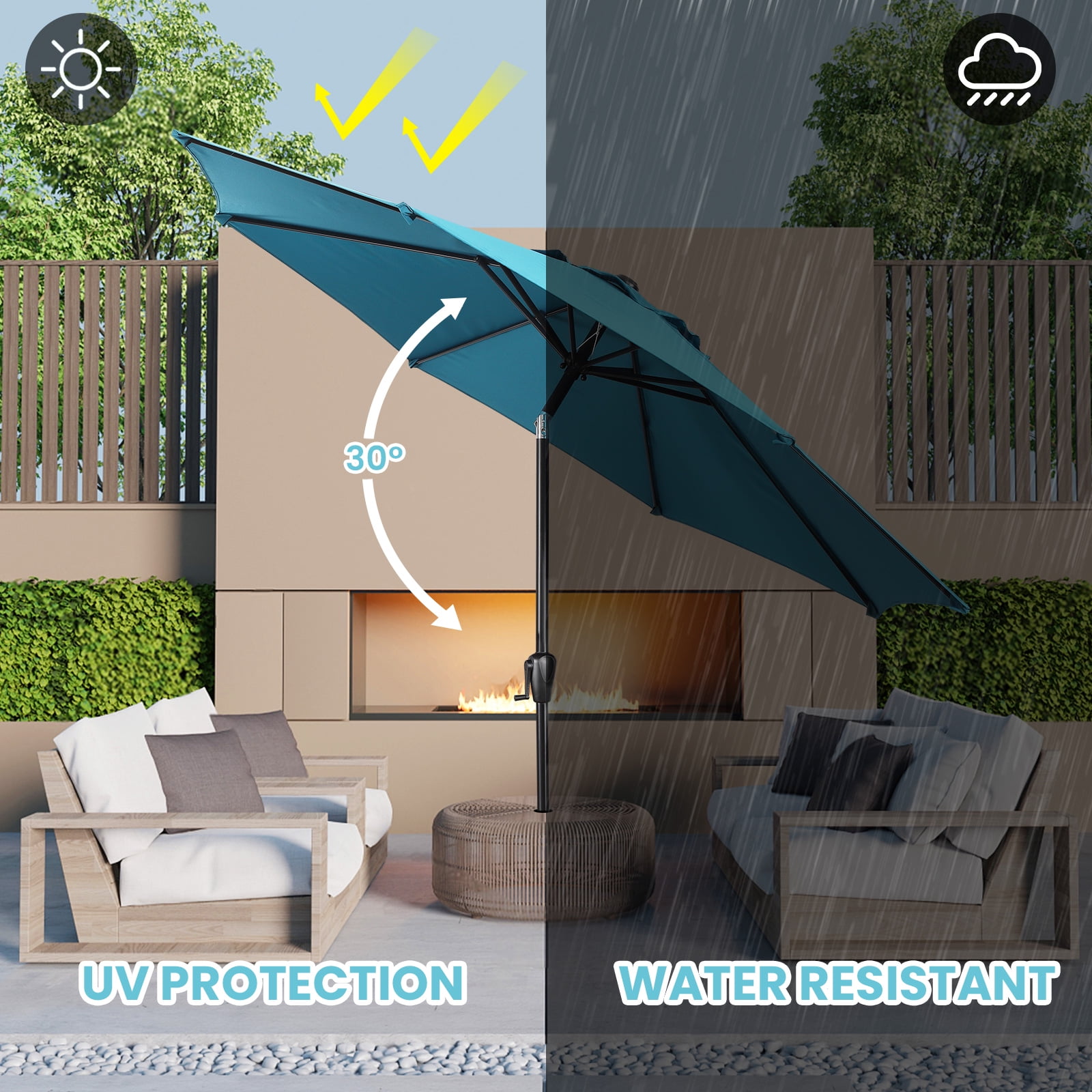 Sun-Ray 9 FT Patio Umbrella w/ Push Button Tilt and Crank Outdoor Umbrella, 8 Sturdy Ribs, UV Protection, Solution-Dyed Fabric, Teal