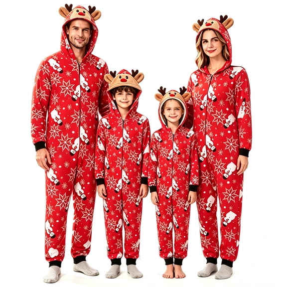 RUINIXCW Christmas Family Pajamas Matching Set for Adult Women Men Kids Baby Xmas Outfit Holiday Jammies Long Sleeve Reindeer Antler Hooded Romper Zip Jumpsuit